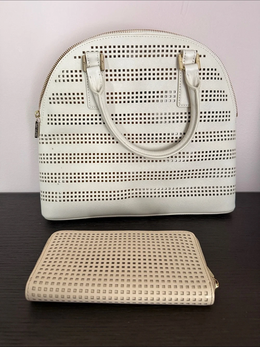 Tory Burch Cream Perforated Dome Satchel with Matching Wallet